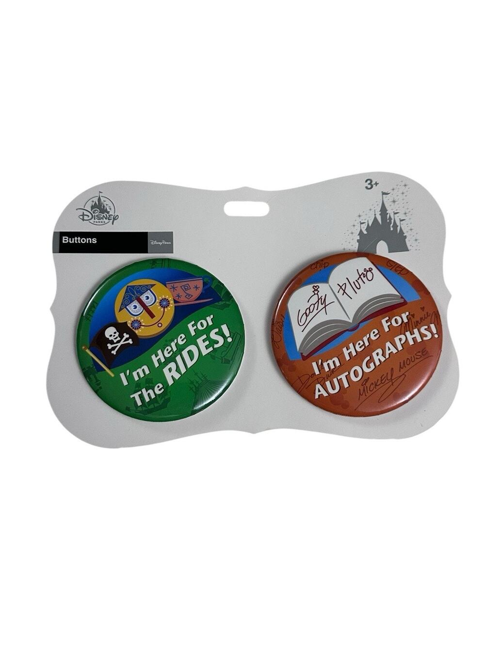 Disney Parks Button Pin Set I’m Here For The RIDES and I’m Here For AUTOGRAPHS